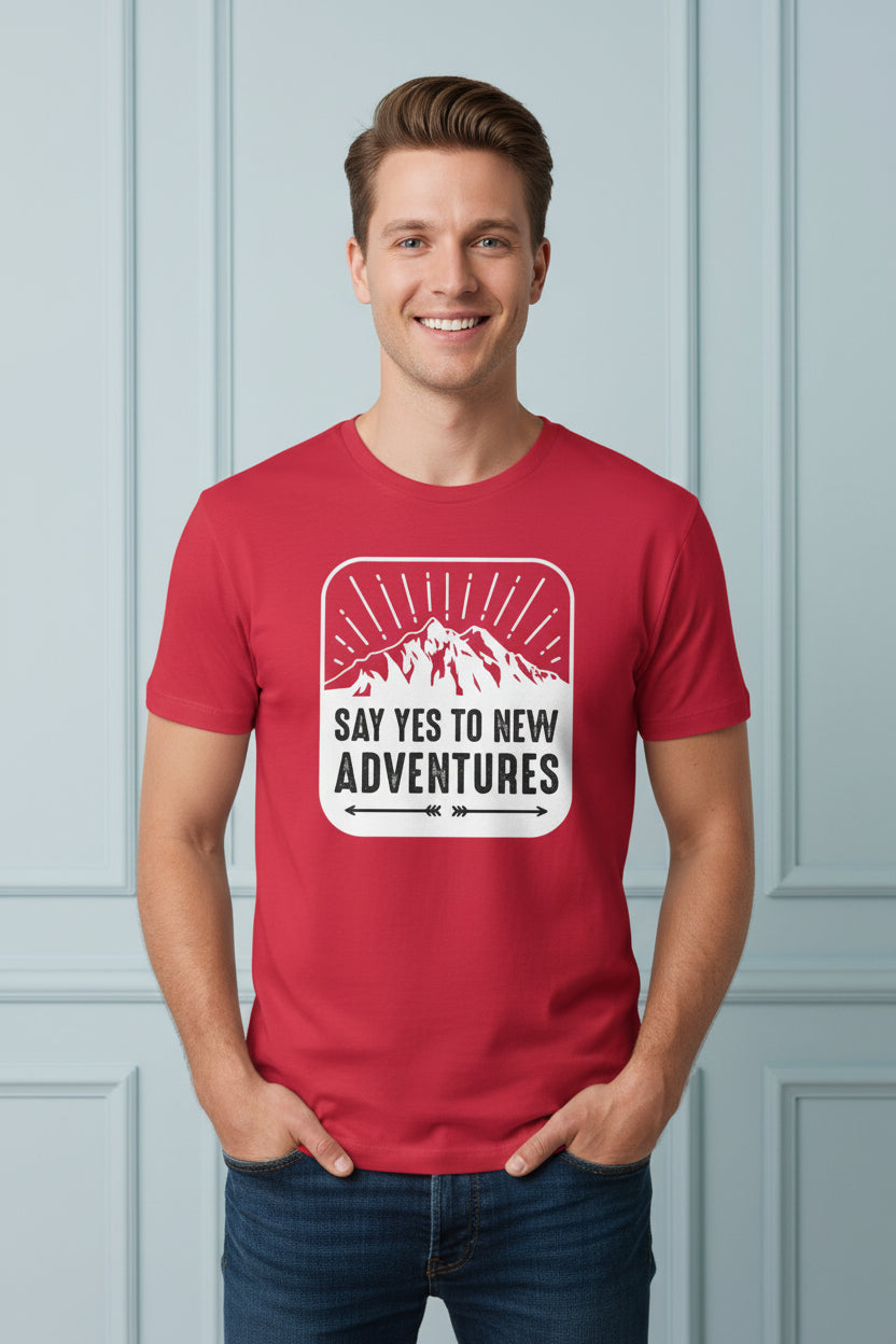 Red t-shirt with a mountain graphic and 'Say Yes to New Adventures' text on a white background