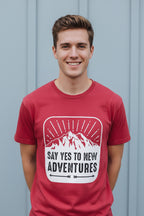 Red t-shirt with a mountain graphic and 'Say Yes to New Adventures' text on a white background