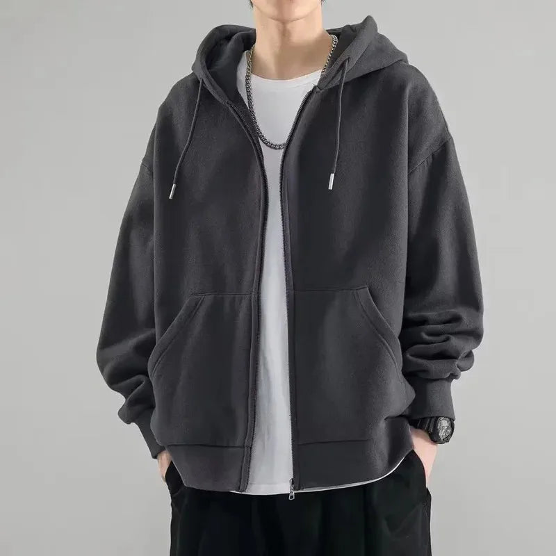 Male Clothes Black Solid Sweatshirt For Men Full Zip Up Hooded Hoodies