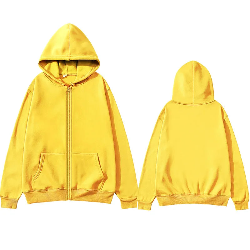 Oversized Unisex Hoodie, Solid Color Zip Up Jacket, Casual Street