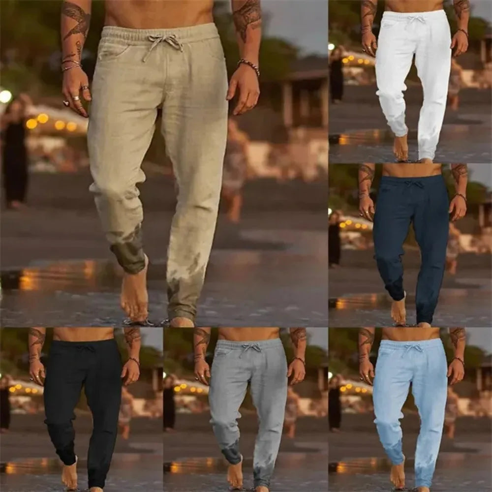 Men's Beach Pants Joggers Streetwear Cotton Linen Sweatpants Casual