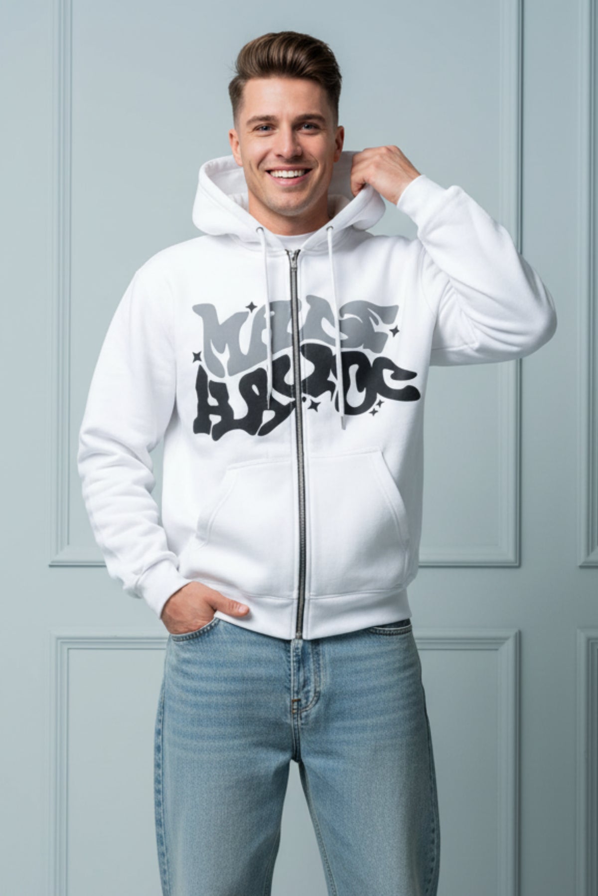 Men American Style Retro Letter Zip Hoodie