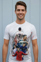 Soccer jersey with player images and 'RONALDO' on a stadium background