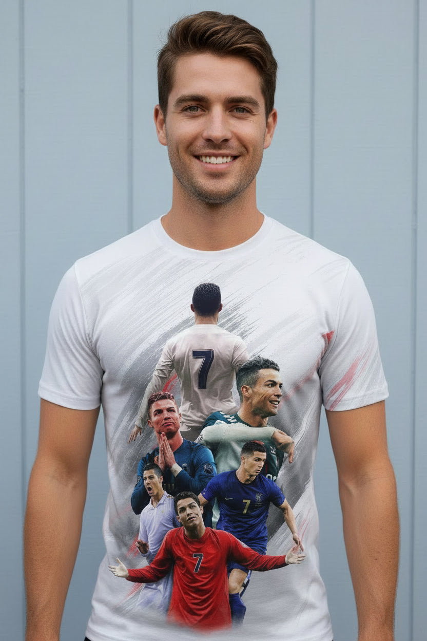 Soccer jersey with player images and 'RONALDO' on a stadium background