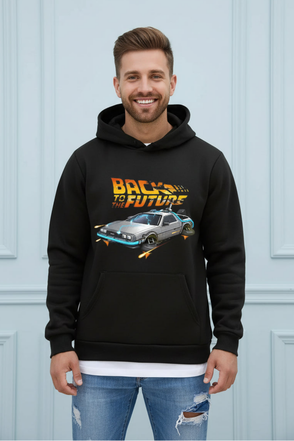 Retro DeLorean Car Print Hoodie for Men