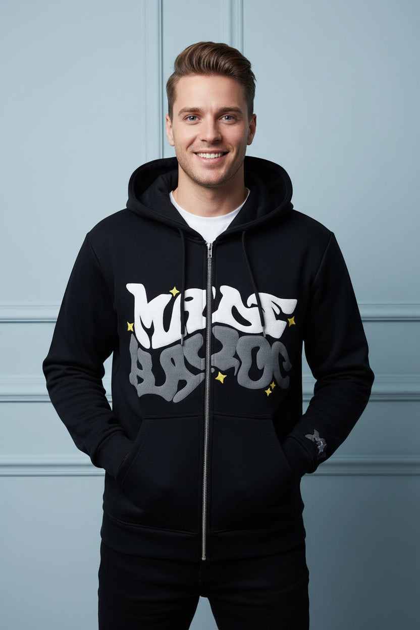 Men American Style Retro Letter Zip Hoodie