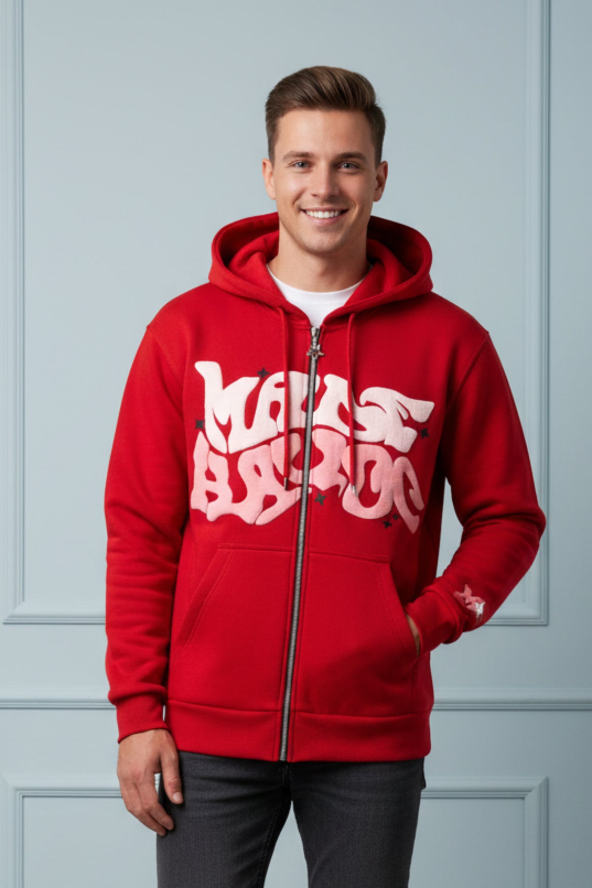 Men American Style Retro Letter Zip Hoodie