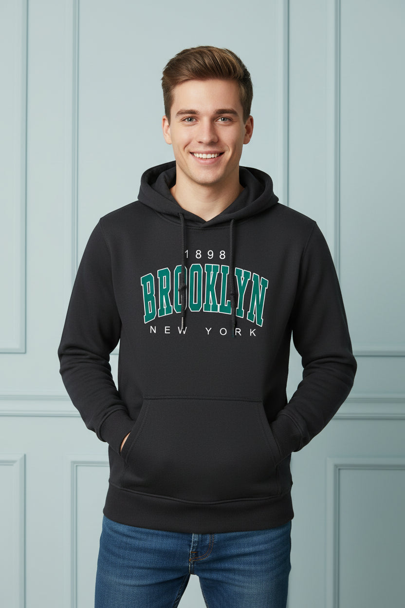 Black hoodie with 'Brooklyn New York' text on a white background