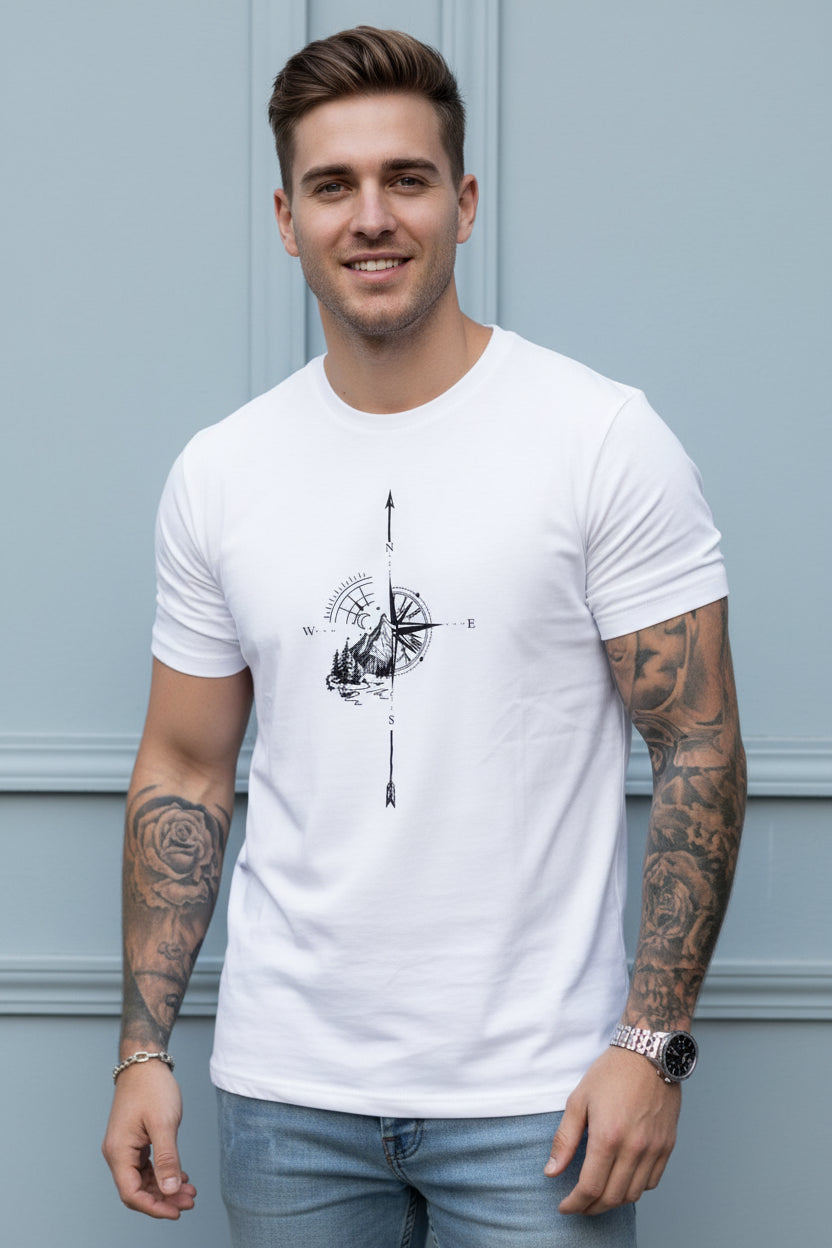 Men Compass Print Cotton T Shirt