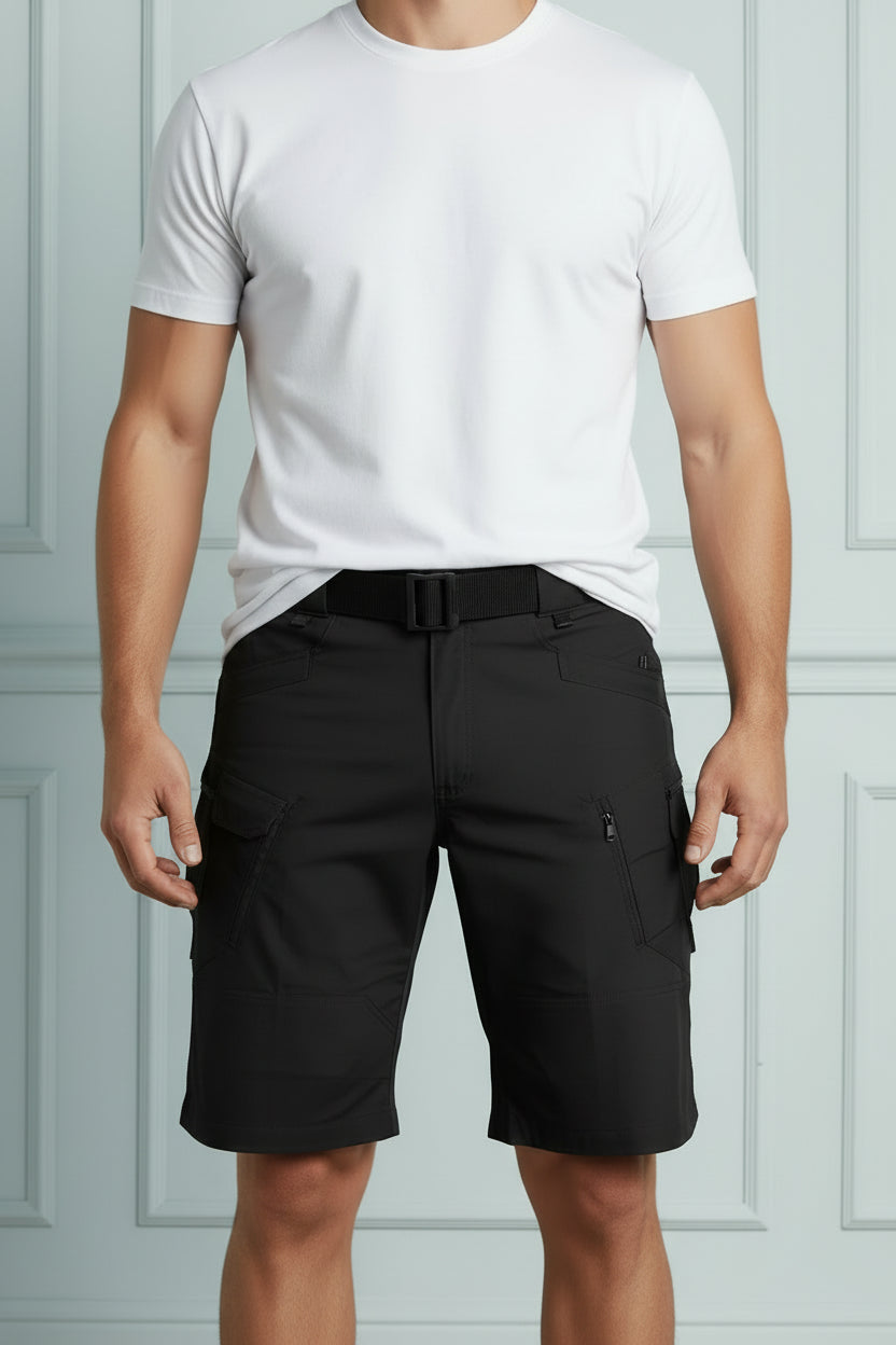 Tactical outdoor cargo shorts in various colors with a belt.