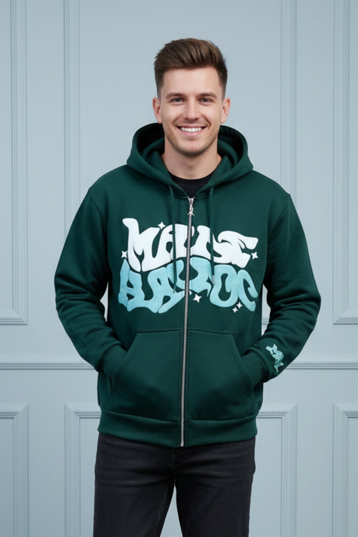 Men American Style Retro Letter Zip Hoodie