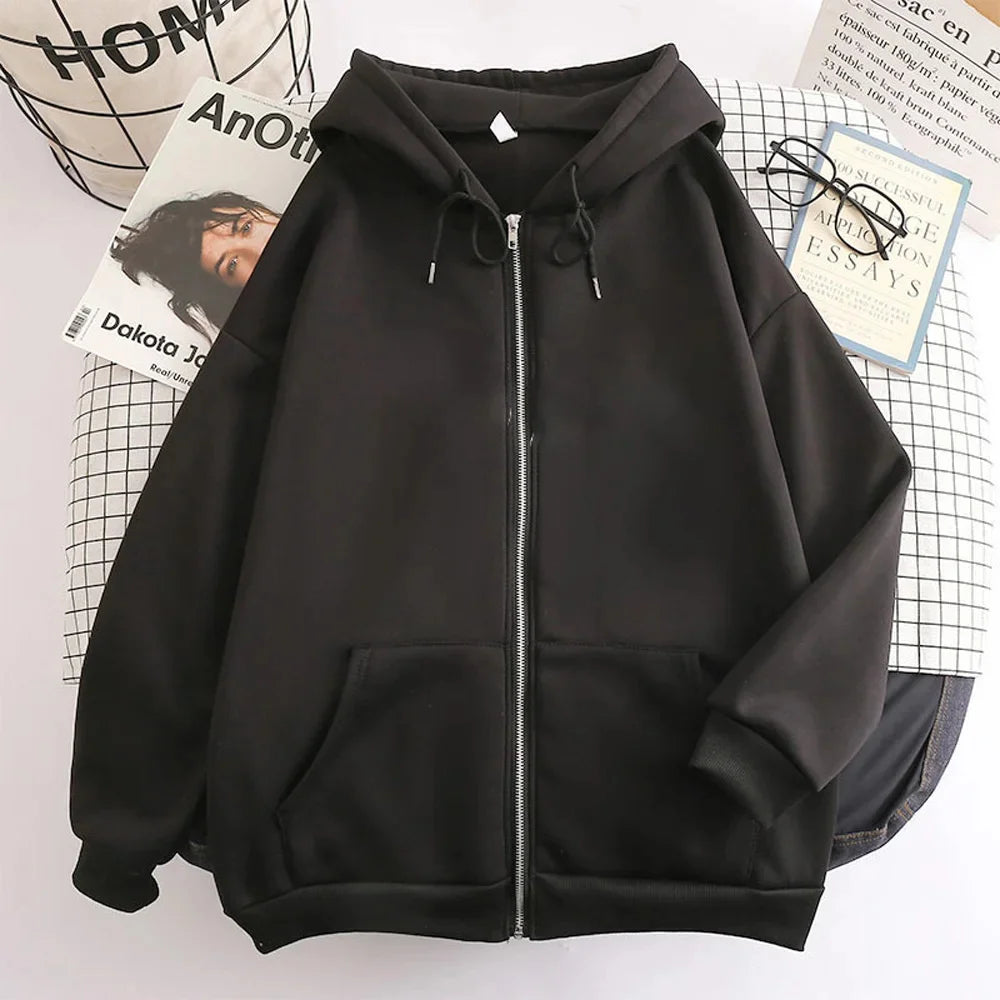 High Street Hoodie Men Solid Color Zip Up Long Sleeve Loose Jacket