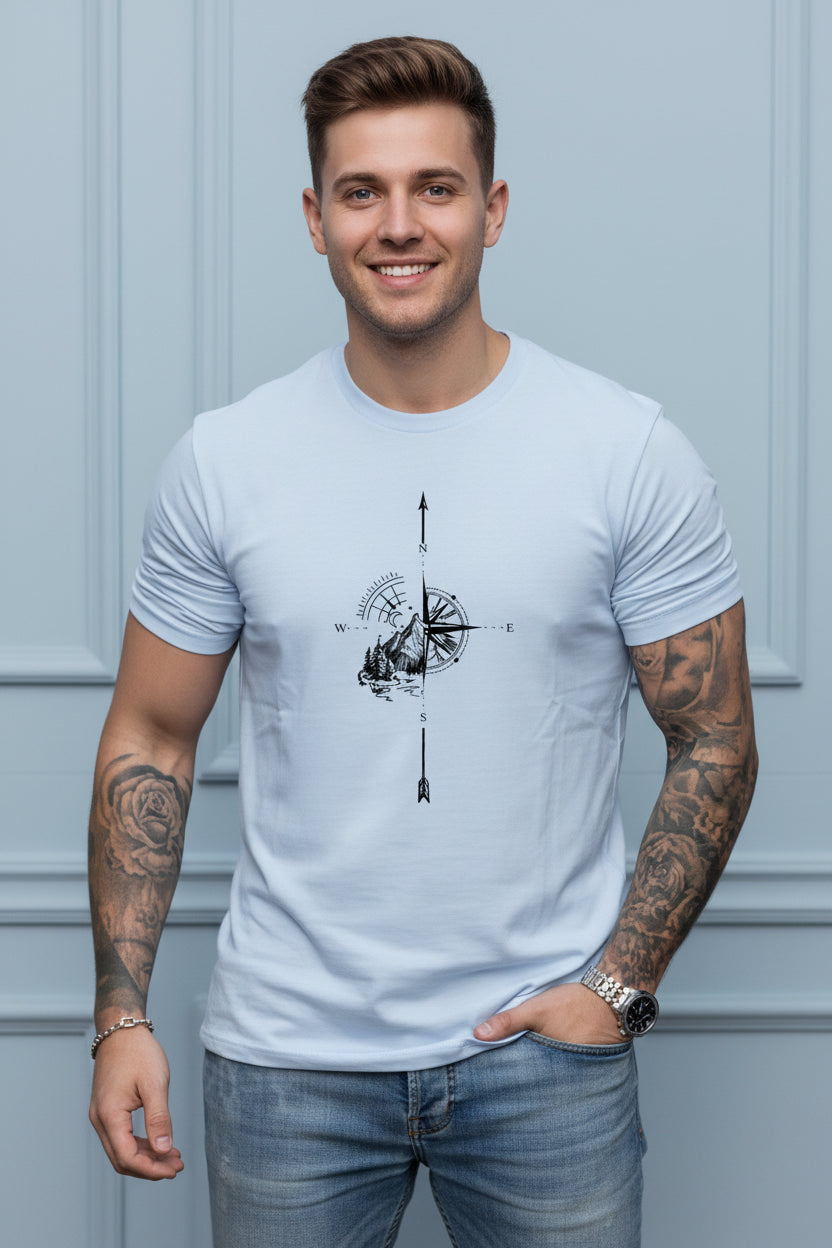 Men Compass Print Cotton T Shirt