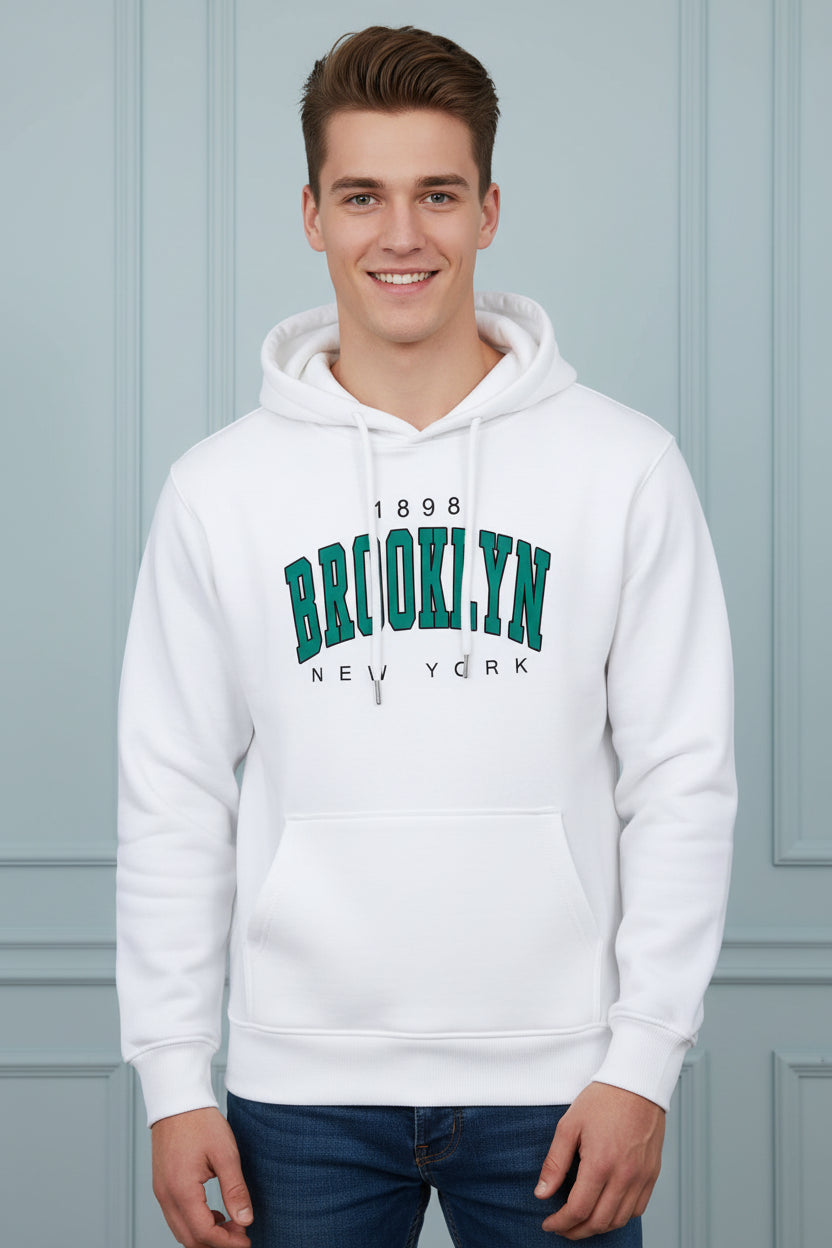 White hoodie with 'Brooklyn 1898 New York' text on a white background