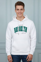 White hoodie with 'Brooklyn 1898 New York' text on a white background