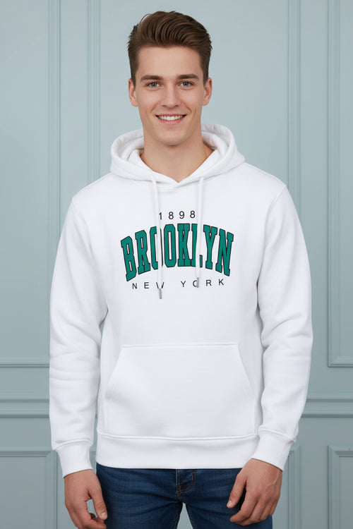 White hoodie with 'Brooklyn 1898 New York' text on a white background