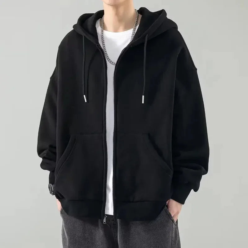 Male Clothes Black Solid Sweatshirt For Men Full Zip Up Hooded Hoodies