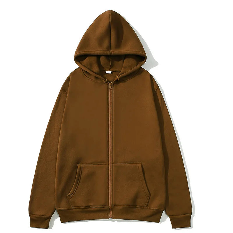Oversized Unisex Hoodie, Solid Color Zip Up Jacket, Casual Street