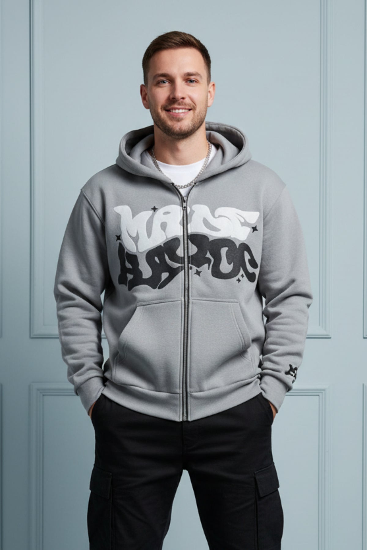Men American Style Retro Letter Zip Hoodie