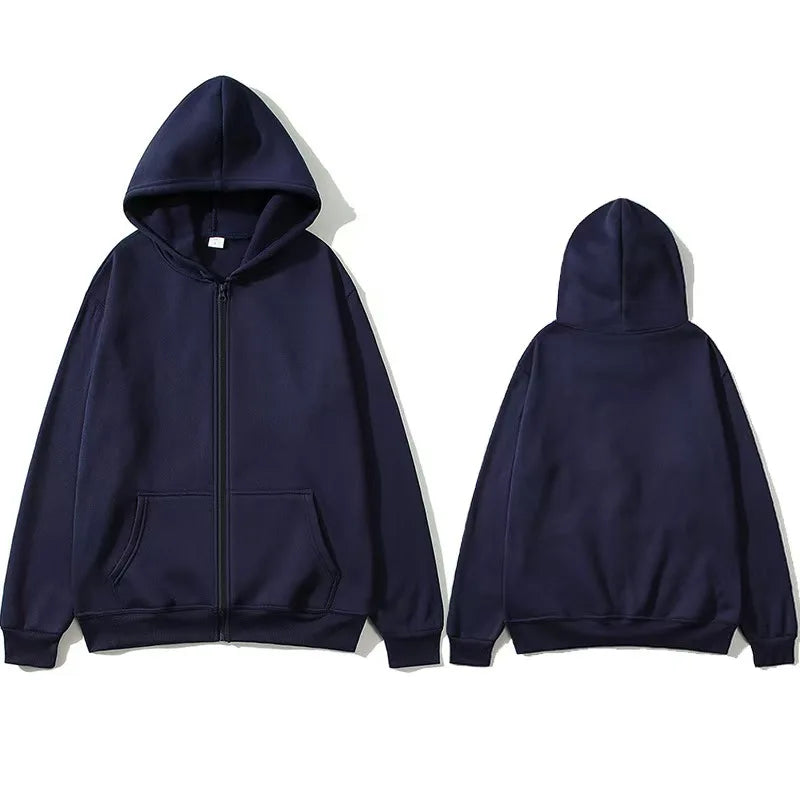 Oversized Unisex Hoodie, Solid Color Zip Up Jacket, Casual Street