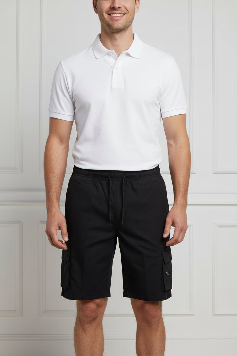 Black cargo shorts with an elastic waistband, drawstring, and a side cargo pocket with a zipper closure, shown against a plain white background.