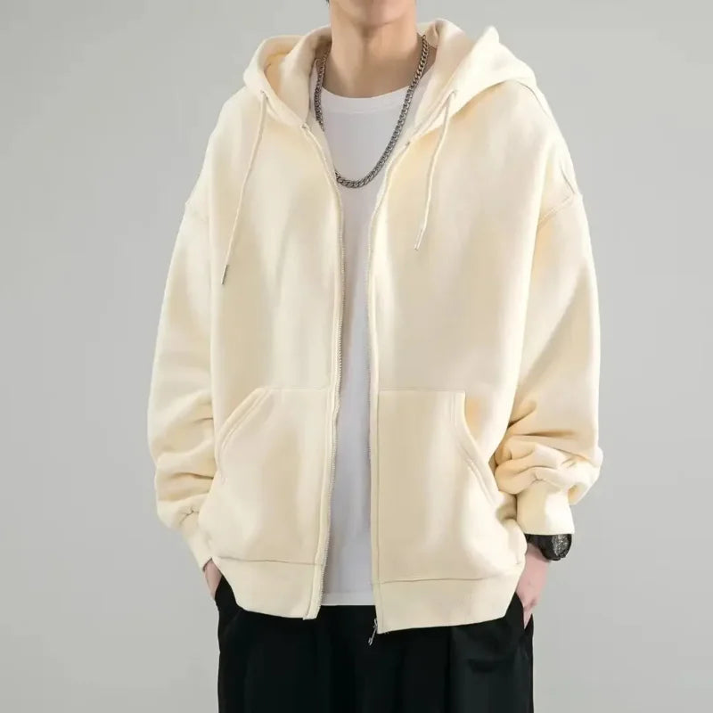 Male Clothes Black Solid Sweatshirt For Men Full Zip Up Hooded Hoodies