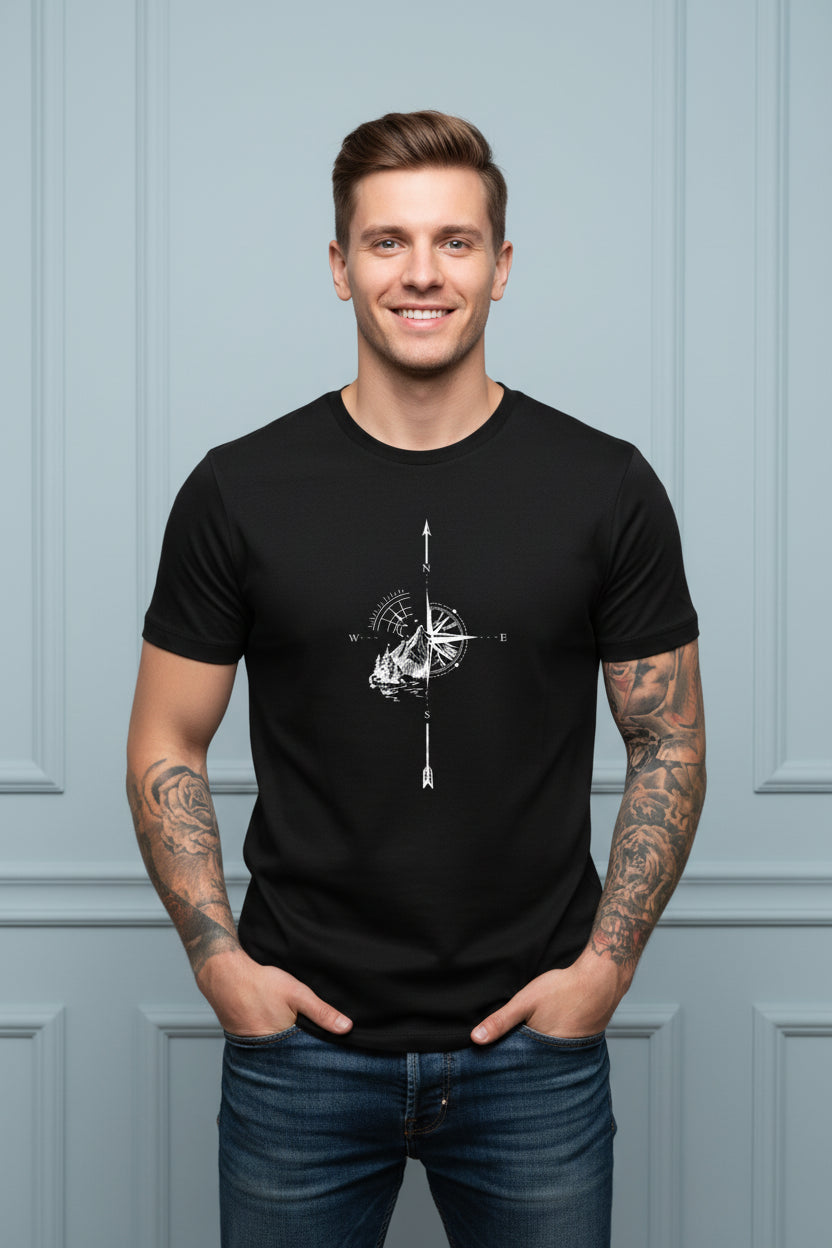 Men Compass Print Cotton T Shirt
