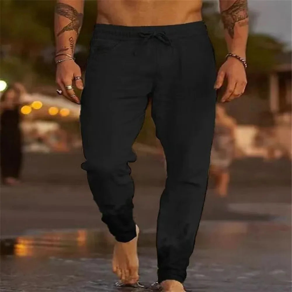 Men's Beach Pants Joggers Streetwear Cotton Linen Sweatpants Casual