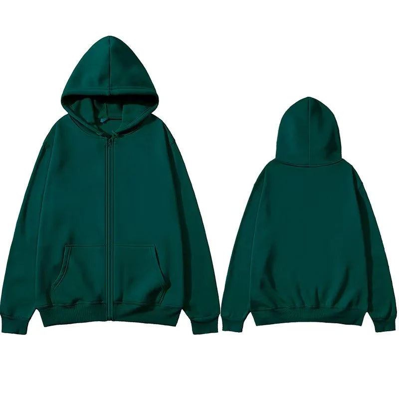 Oversized Unisex Hoodie, Solid Color Zip Up Jacket, Casual Street
