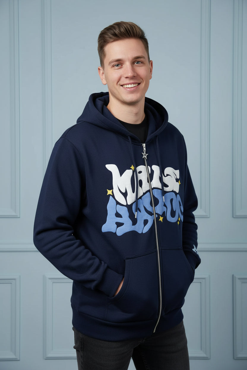 Men American Style Retro Letter Zip Hoodie