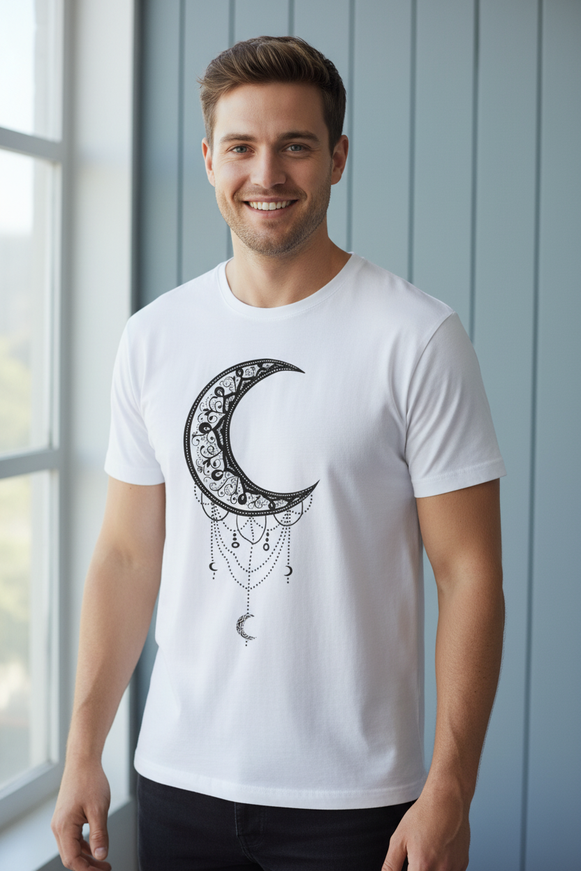 A white short-sleeve crewneck t-shirt featuring a black crescent moon graphic on the chest, decorated with intricate filigree patterns and hanging chains.