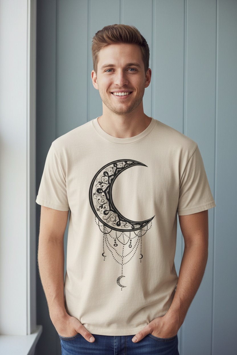 Beige t-shirt with a black crescent moon and decorative elements design on a white background