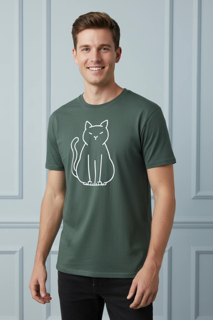 Green t-shirt with a white cat outline design on a white background