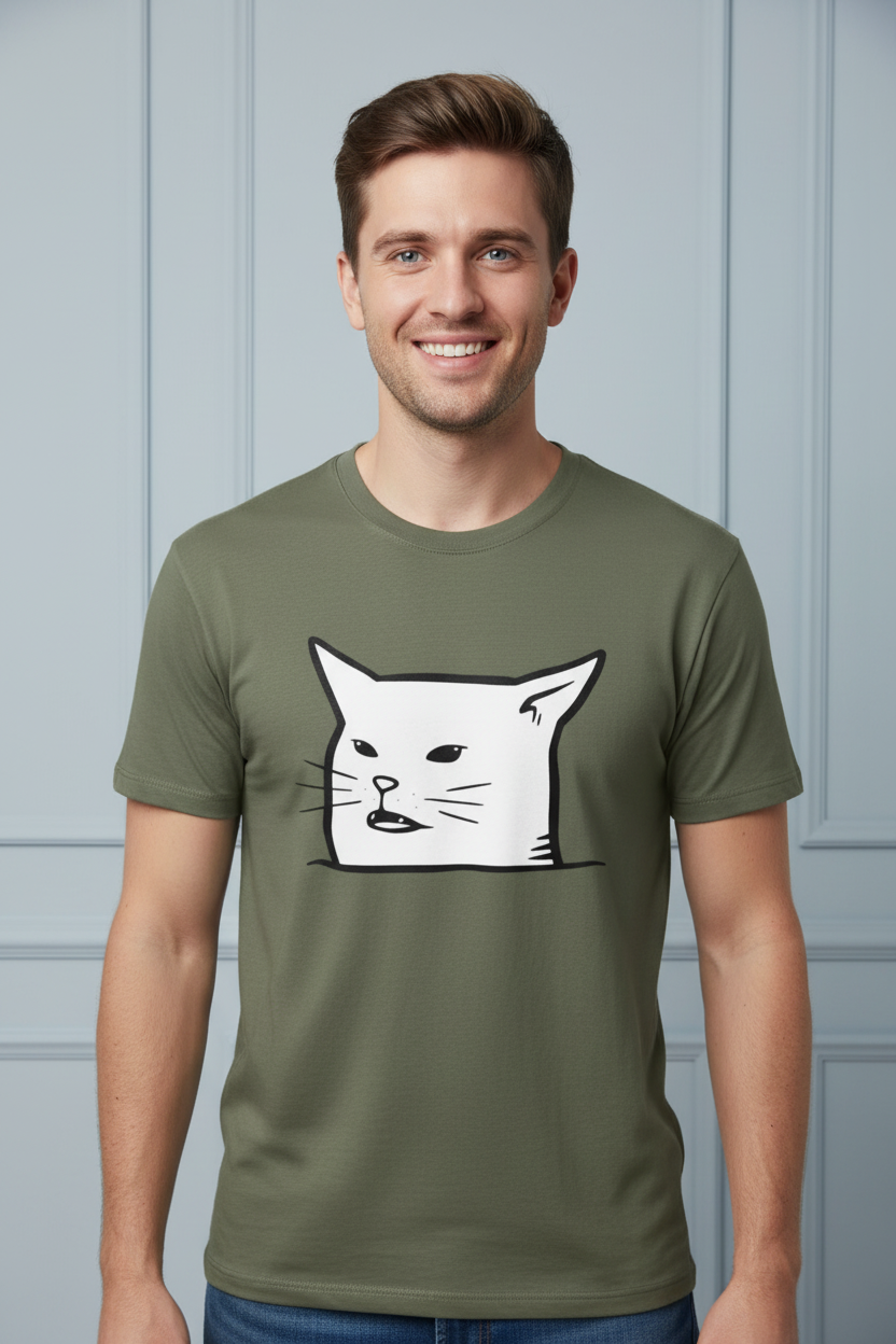 Green t-shirt with a white cat illustration on a white background