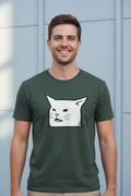 Green t-shirt with a white cat illustration on a white background