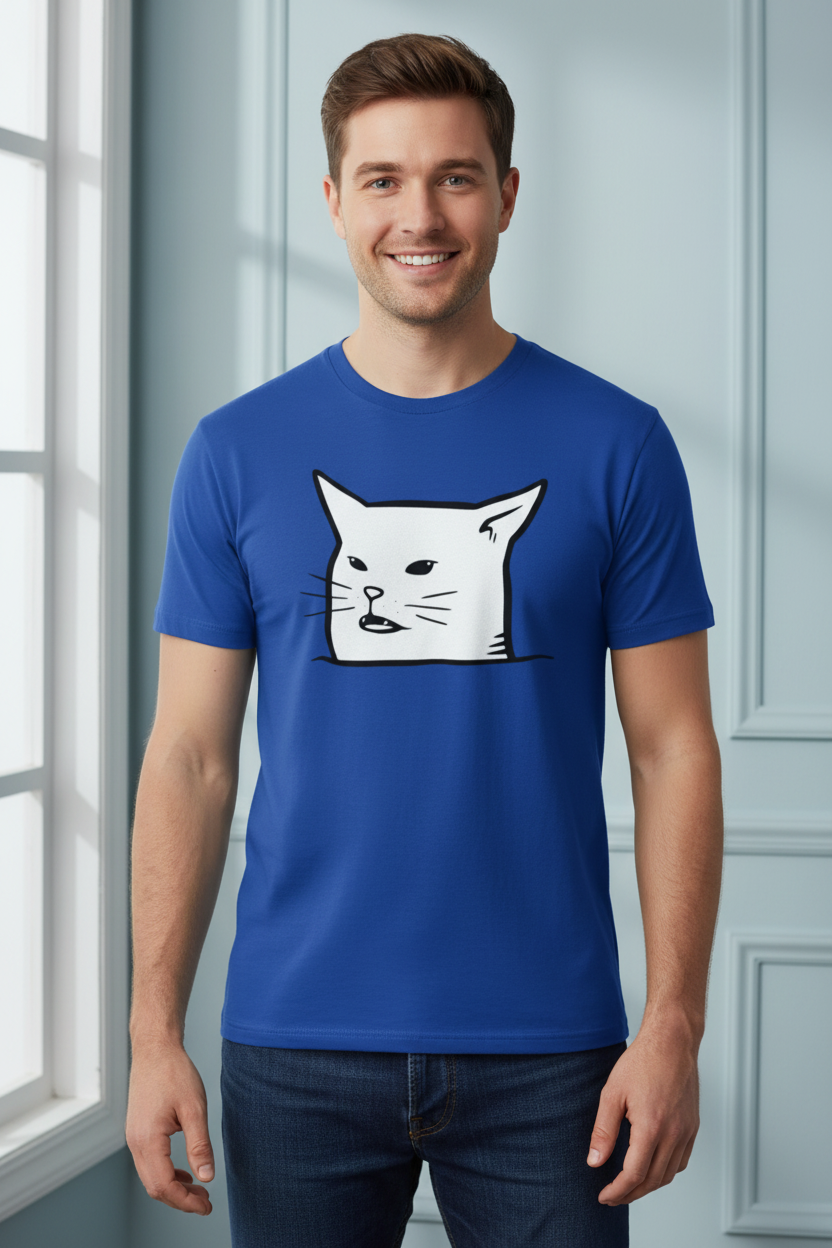 Blue t-shirt with a white cat illustration on a white background