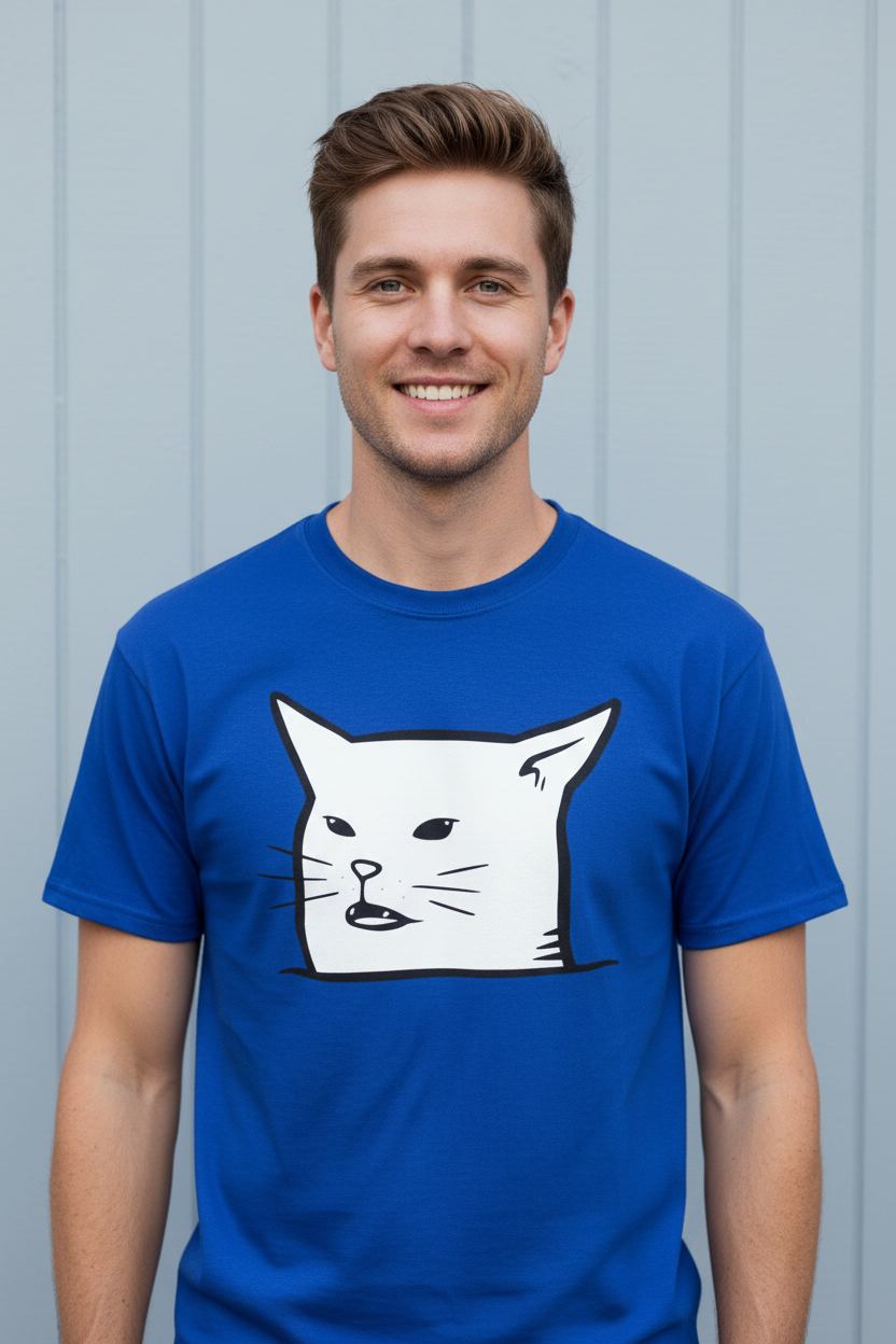 Blue t-shirt with a white cat illustration on a white background