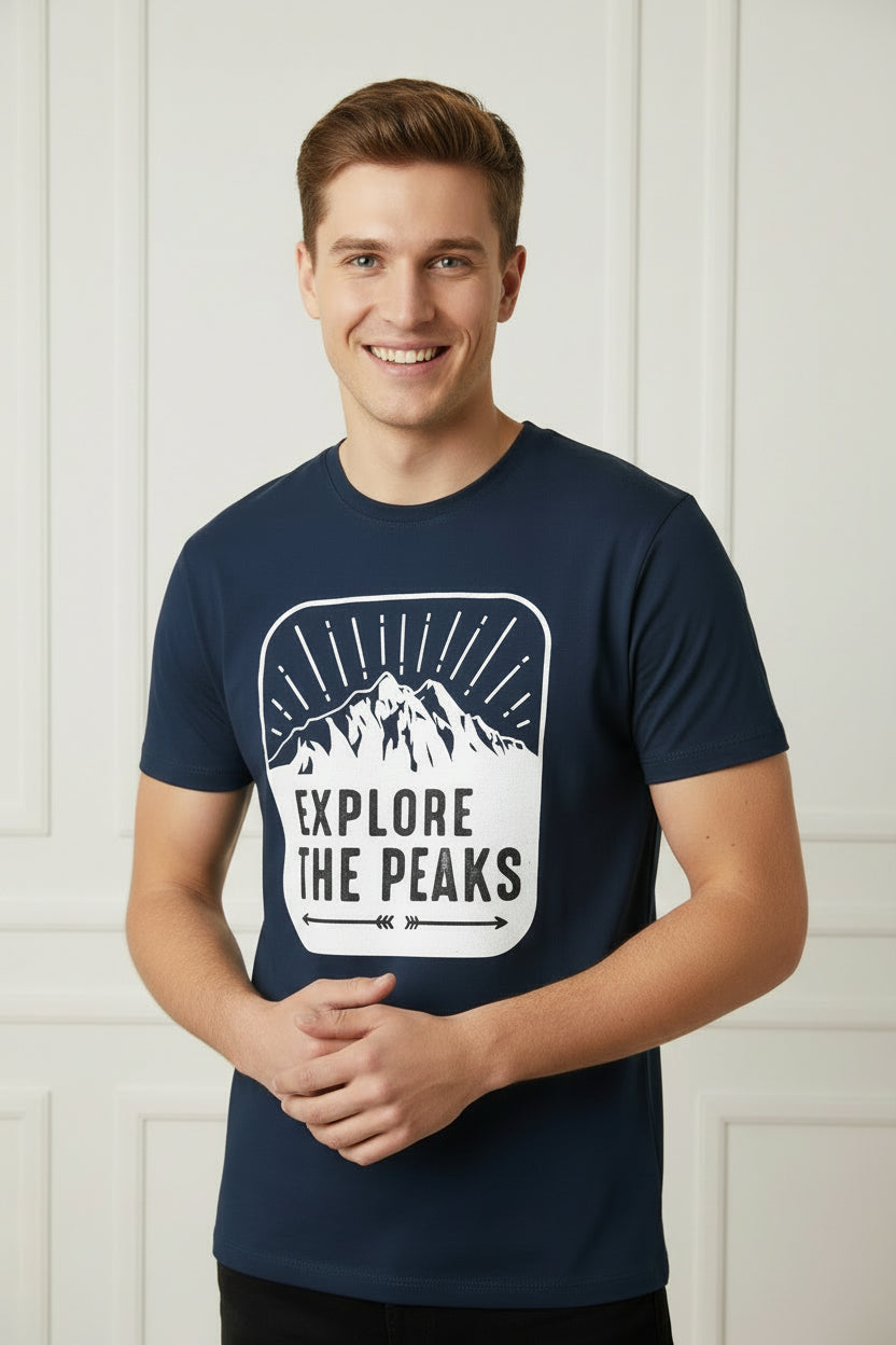 Navy blue t-shirt with mountain graphic and 'Say Yes to New Adventures' text on a white background