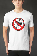 Person wearing a white t-shirt with a graphic design on a white background
