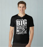 Person wearing a black t-shirt with white text on a white background