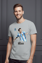 Person wearing a t-shirt with a graphic of Lionel Messi and text