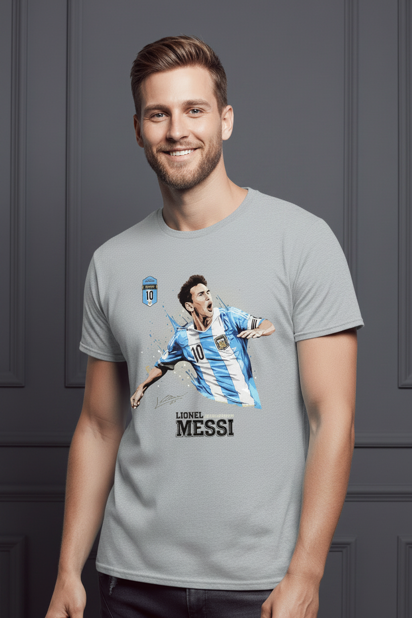 Person wearing a t-shirt with a graphic of Lionel Messi and text