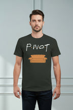 Black t-shirt with 'Pivot' and a couch graphic on a white background