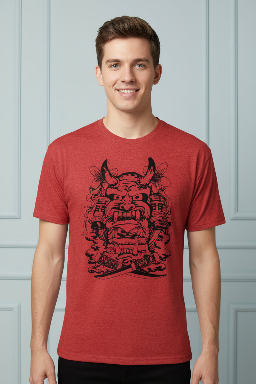 Red t-shirt with black graphic design of a mask worn by a person on a white background