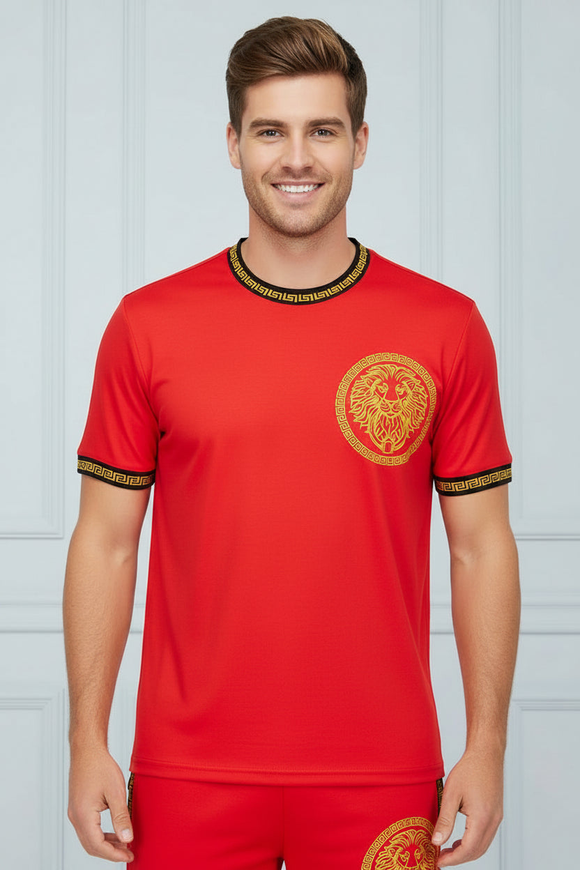 Person wearing a red sports outfit with gold accents on a white background