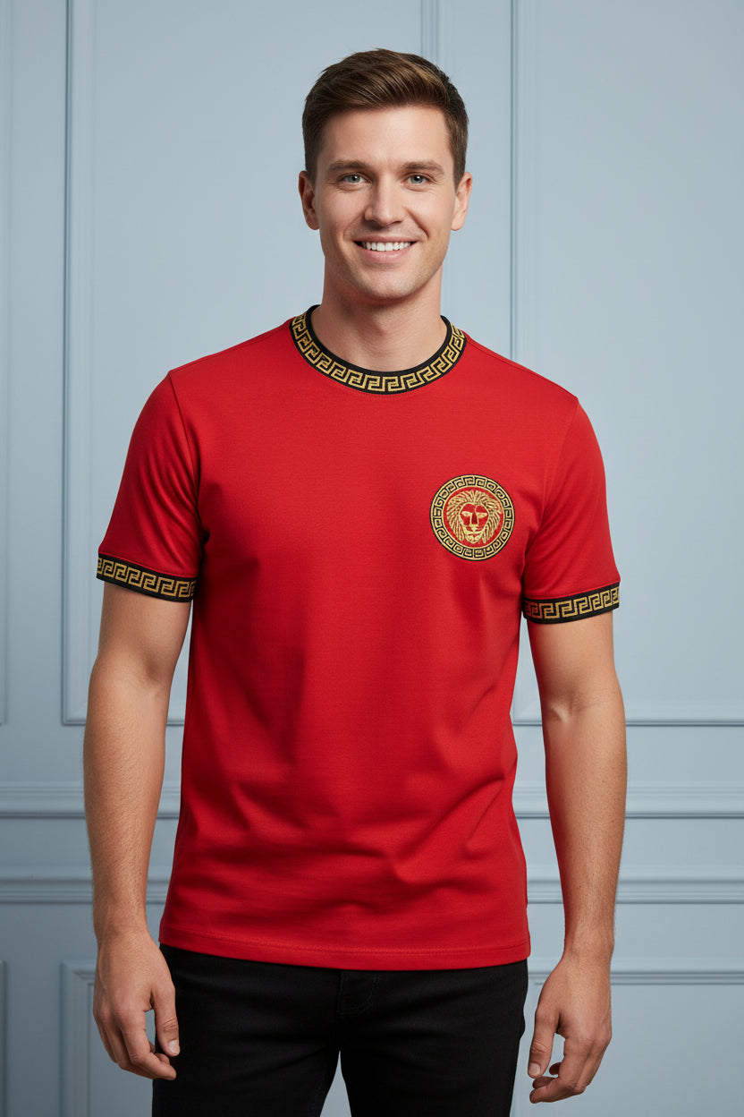 Person wearing a red sports outfit with gold accents on a white background
